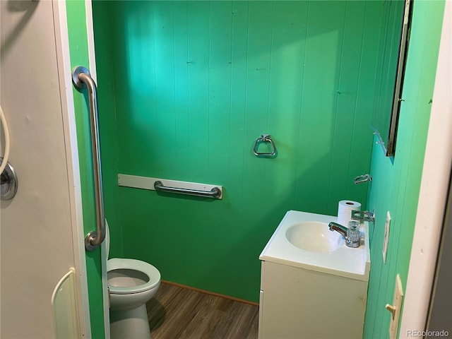 bathroom featuring vanity, wood-type flooring, and toilet