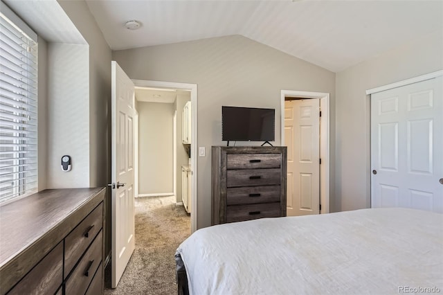 carpeted bedroom featuring vaulted ceiling