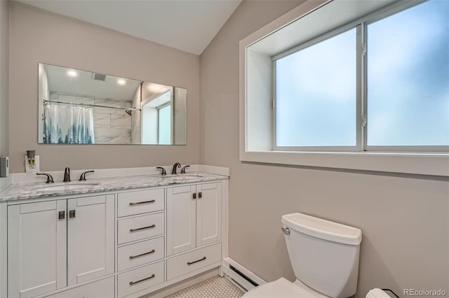 3655 Zenobia St, Denver, CO 80212 - full bath with baseboard heating, toilet, double vanity, curtained shower, and tile patterned flooring