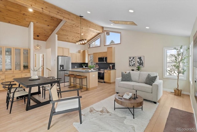 living room featuring high vaulted ceiling, wood ceiling, plenty of natural light, and light hardwood / wood-style floors