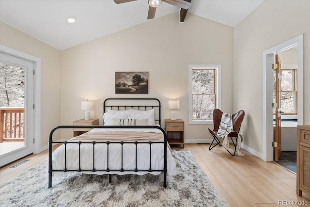 bedroom featuring lofted ceiling with beams, wood finished floors, visible vents, access to exterior, and baseboards