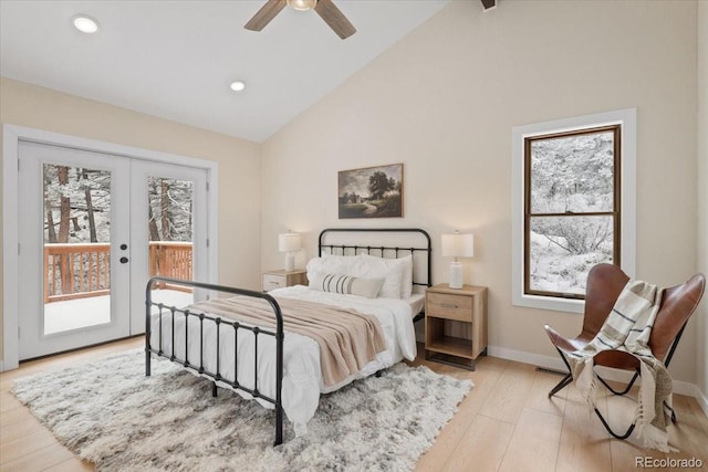 bedroom with access to exterior, french doors, recessed lighting, wood finished floors, and baseboards