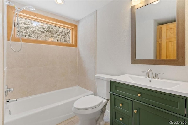 full bathroom with toilet, tile patterned floors, shower / washtub combination, and vanity