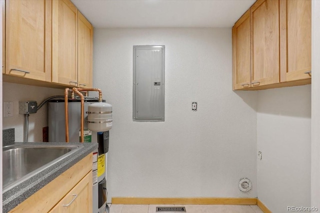 clothes washing area with laundry area, a sink, baseboards, water heater, and electric panel