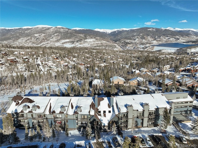 snowy aerial view with a residential view and a mountain view