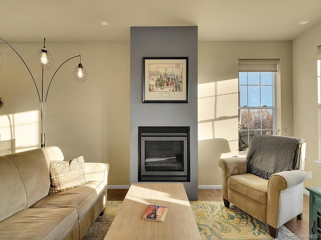 living area with baseboards, wood finished floors, and a glass covered fireplace