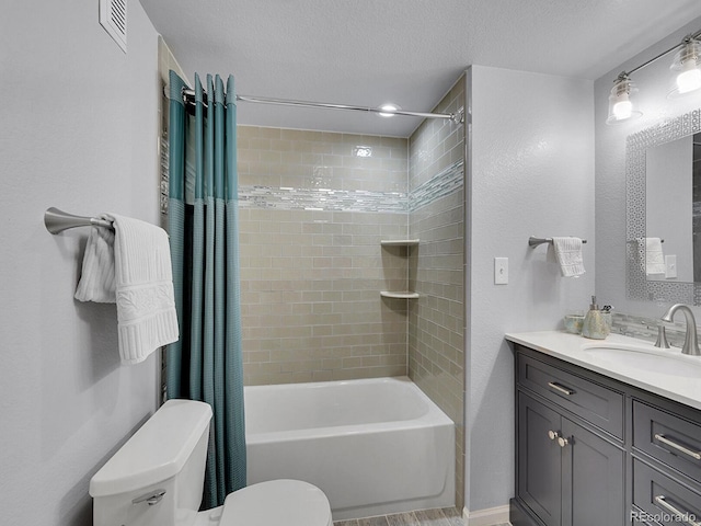 full bath featuring visible vents, toilet, shower / tub combo, a textured ceiling, and vanity