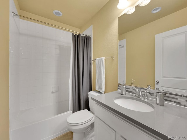 bathroom with toilet, shower / tub combo, tile patterned flooring, and vanity