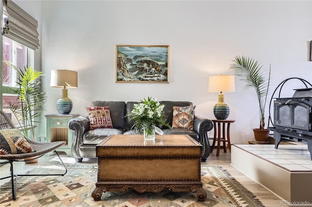 sitting room featuring a wood stove