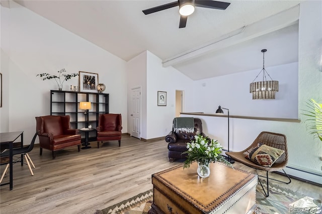 living room featuring baseboards, a baseboard radiator, vaulted ceiling with beams, light wood-style floors, and ceiling fan with notable chandelier