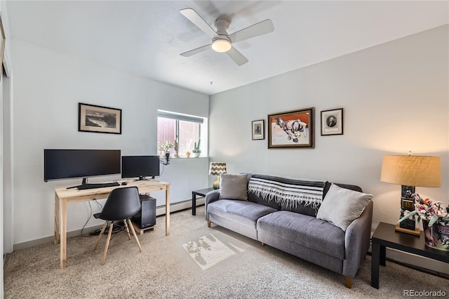 office with carpet, a baseboard radiator, baseboards, and a ceiling fan