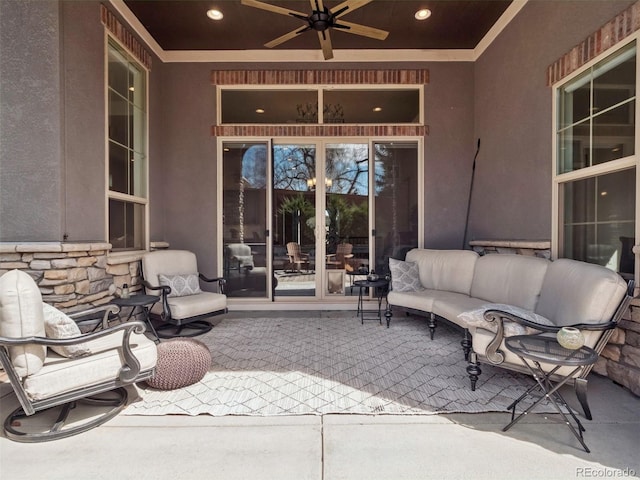 6970 E Lake Dr, Centennial, CO 80111 - view of patio / terrace with french doors, an outdoor living space, and a ceiling fan