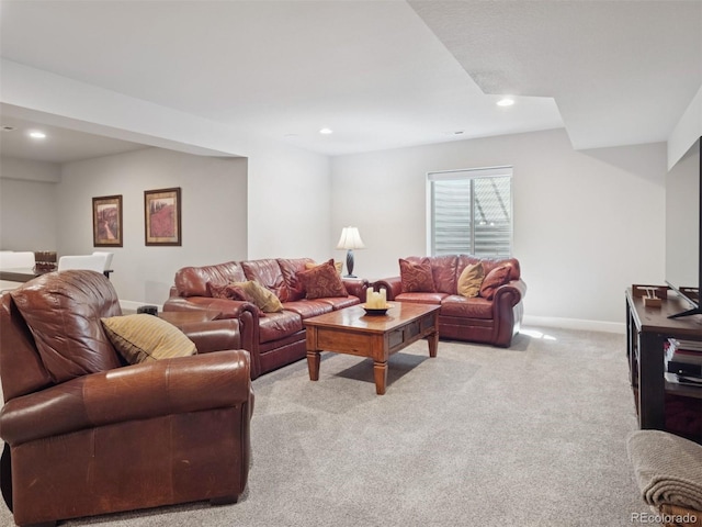 6970 E Lake Dr, Centennial, CO 80111 - living area featuring light colored carpet, recessed lighting, and baseboards