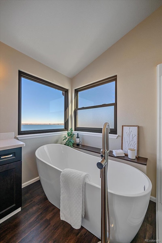 bathroom featuring lofted ceiling, hardwood / wood-style flooring, a bathtub, and vanity