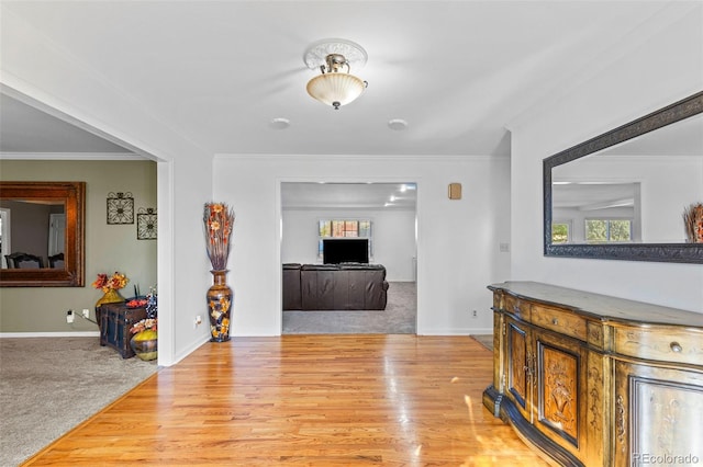 hall featuring ornamental molding and light colored carpet