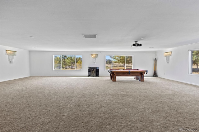 rec room featuring billiards, plenty of natural light, and carpet floors