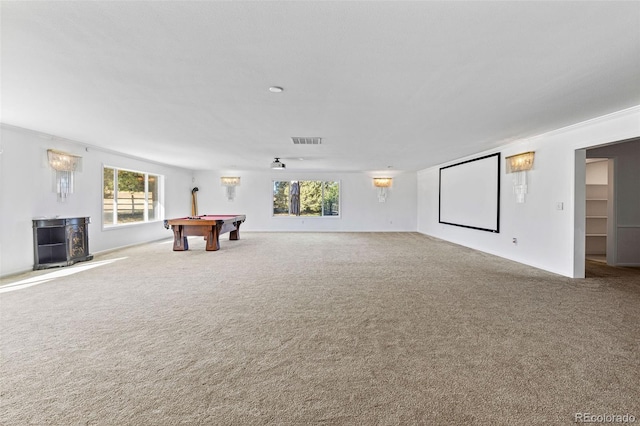 playroom featuring ornamental molding, carpet, and pool table