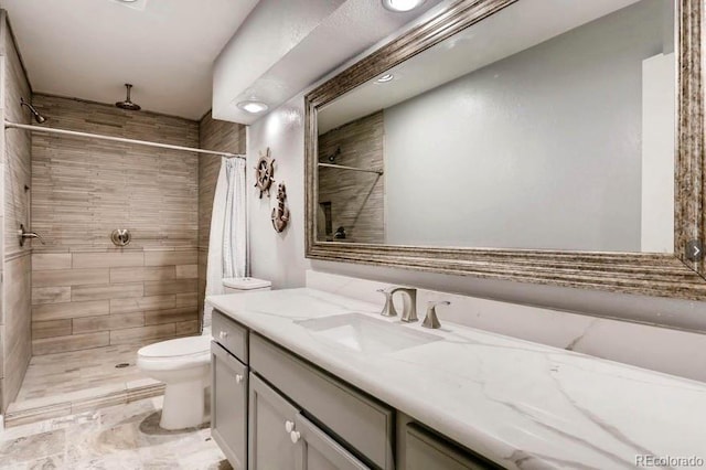 bathroom featuring vanity, a shower with curtain, and toilet