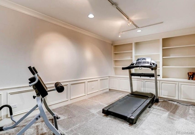 exercise room with crown molding, light carpet, and built in shelves