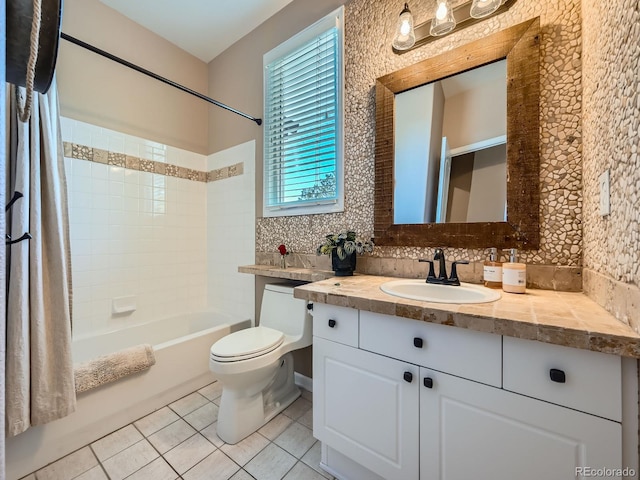 full bath with shower / tub combo with curtain, backsplash, toilet, vanity, and tile patterned flooring