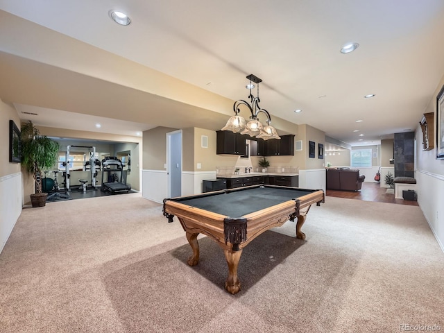 rec room featuring pool table, a wainscoted wall, carpet flooring, and recessed lighting