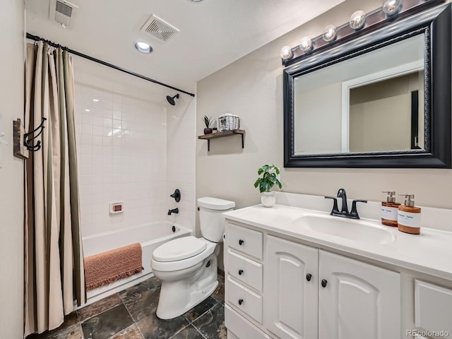 bathroom with vanity, shower / tub combo, toilet, and visible vents