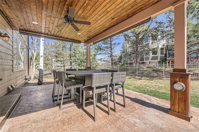 view of patio / terrace featuring a fenced backyard, outdoor dry bar, and ceiling fan