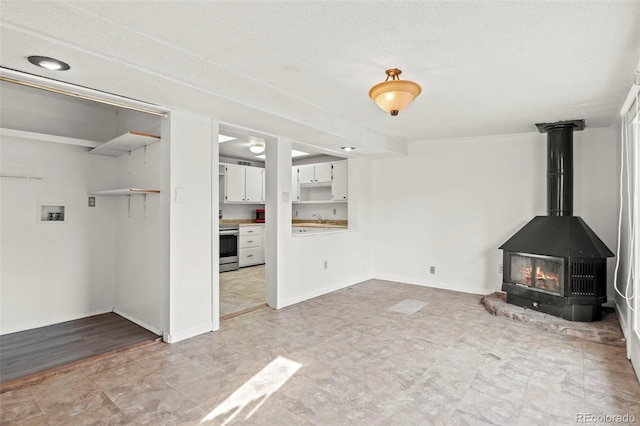 2613 Wren Dr, Colorado Springs, CO 80909 - unfurnished living room with a sink, a wood stove, and baseboards