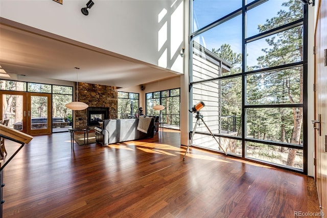 32651 Buffalo Creek Rd, Evergreen, CO 80439 - unfurnished living room with a high ceiling, a stone fireplace, wood finished floors, and a wall of windows