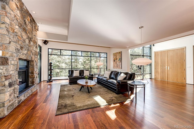 32651 Buffalo Creek Rd, Evergreen, CO 80439 - living room featuring wood finished floors, plenty of natural light, and a fireplace