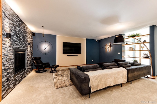 32651 Buffalo Creek Rd, Evergreen, CO 80439 - carpeted living room featuring a stone fireplace