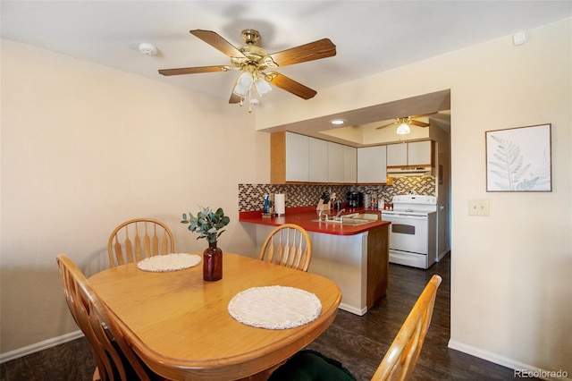 dining area with ceiling fan, sink, and dark wood-type flooring