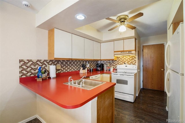 kitchen featuring white cabinetry, sink, ceiling fan, kitchen peninsula, and white appliances