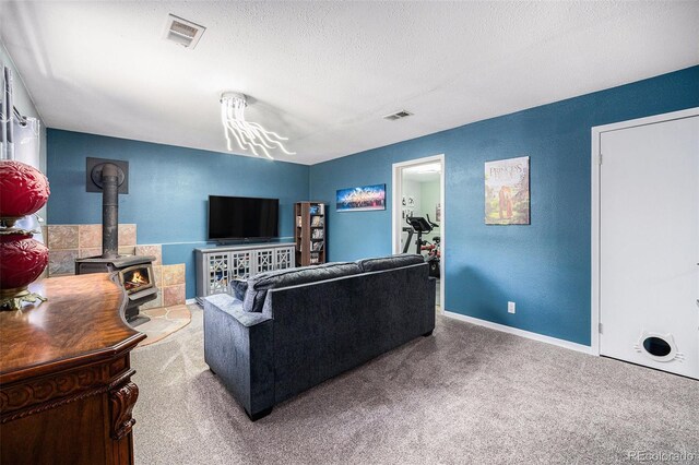 72 Rudi Ln W, Golden, CO 80403 - living area with a wood stove, carpet, a textured ceiling, and a textured wall