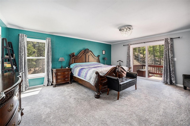 72 Rudi Ln W, Golden, CO 80403 - bedroom with access to exterior, ornamental molding, multiple windows, carpet floors, and a textured wall