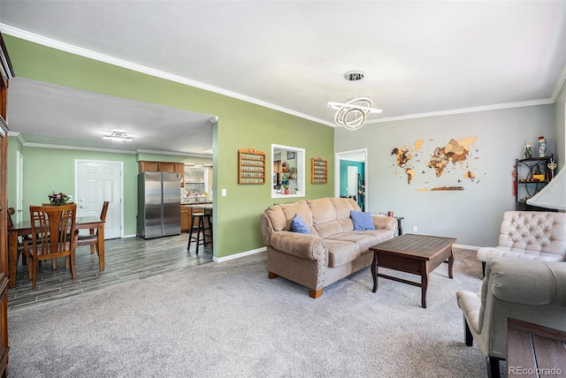 72 Rudi Ln W, Golden, CO 80403 - living room with light colored carpet, crown molding, and a chandelier