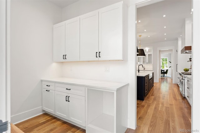 kitchen with white cabinets, light wood-type flooring, and sink