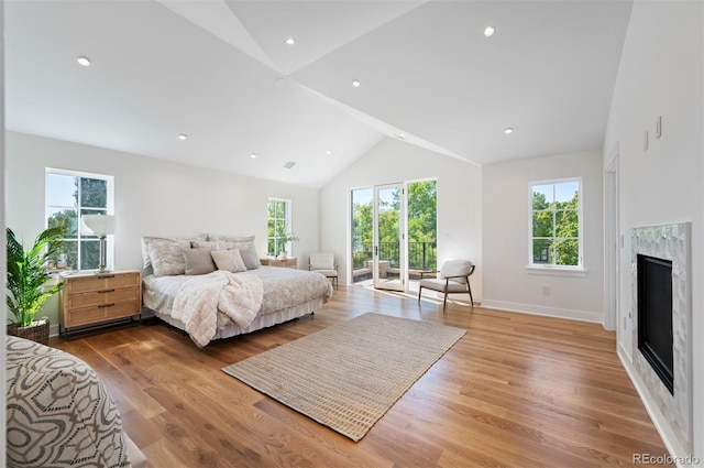 bedroom with multiple windows, light wood-type flooring, and a premium fireplace