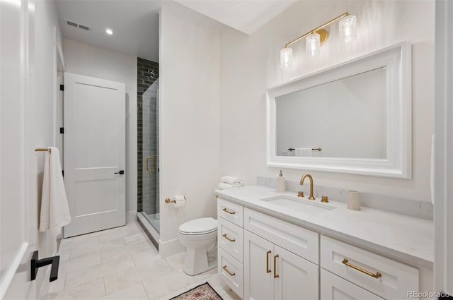 bathroom with tile patterned flooring, walk in shower, vanity, and toilet