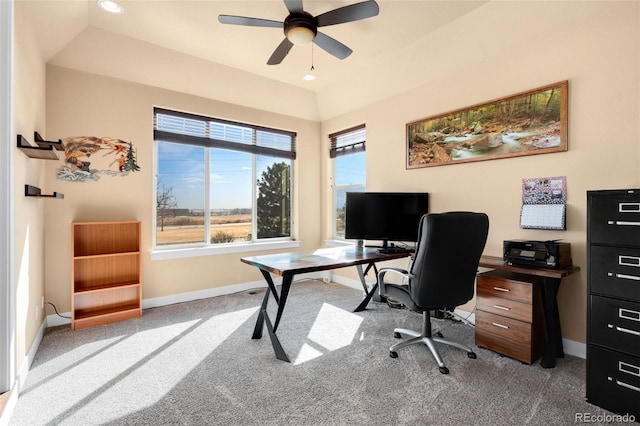 home office with recessed lighting, baseboards, carpet, and ceiling fan