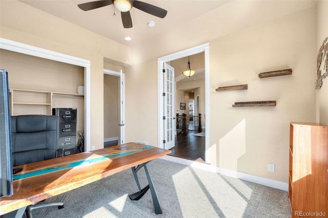 office area featuring carpet flooring, french doors, baseboards, and ceiling fan