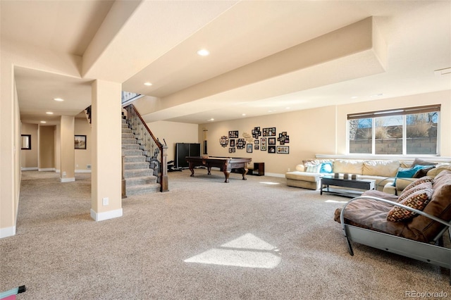 carpeted living area featuring recessed lighting, pool table, stairs, and baseboards