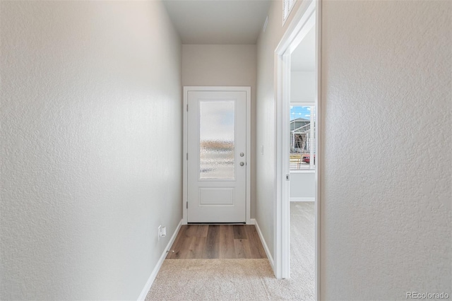 857 Sawdust Dr, Brighton, CO 80601 - doorway featuring carpet flooring, a textured wall, and baseboards