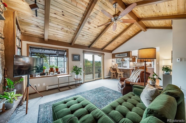 7815 Armadillo Trl, Evergreen, CO 80439 - living room with beam ceiling, wooden ceiling, carpet, and a baseboard radiator