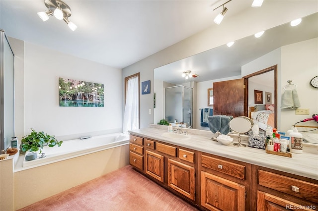 7815 Armadillo Trl, Evergreen, CO 80439 - bathroom featuring a bath, ensuite bath, vanity, and a stall shower