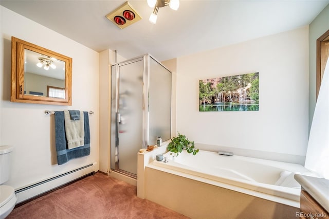 7815 Armadillo Trl, Evergreen, CO 80439 - full bathroom with a shower stall, a garden tub, toilet, and baseboard heating