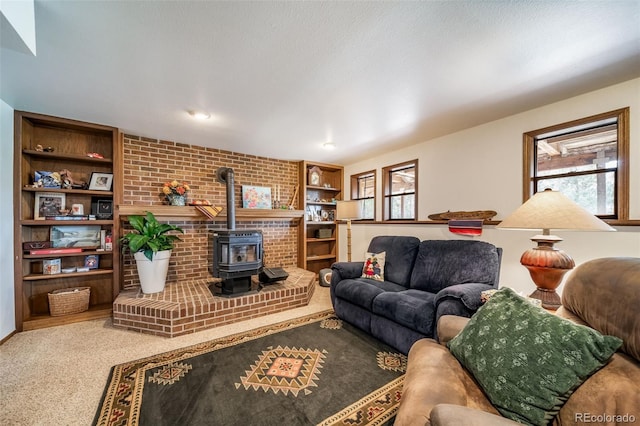 7815 Armadillo Trl, Evergreen, CO 80439 - living room with carpet flooring and a wood stove