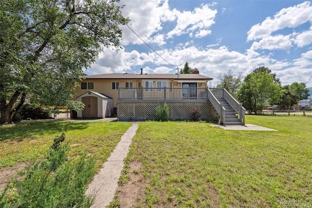 1244 Baron Rd, Colorado Springs, CO 80918 - rear view of property featuring a storage unit, a wooden deck, stairs, a lawn, and a chimney