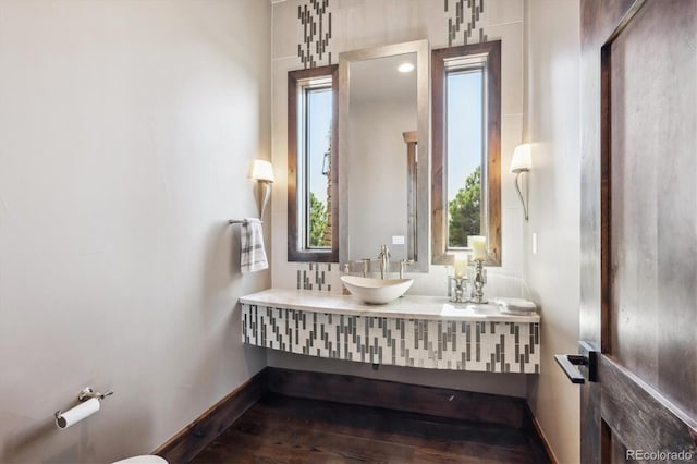 bathroom featuring vanity, plenty of natural light, and hardwood / wood-style flooring