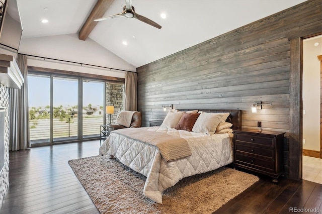 bedroom with access to outside, beam ceiling, wooden walls, and dark hardwood / wood-style floors